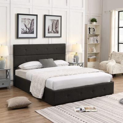 Actual Upholstered Linen Platform Bed, Queen Size Platform Bed with Underneath Storage/Button Tufted Headboard/Bentwood Slats Support,No Box Spring Needed (Gray-1)