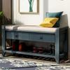 P PURLOVE Entryway Storage Bench with Cushioned Seat Shoe Rack with 2 Drawers and Storage Shelf, Antique Navy view 1
