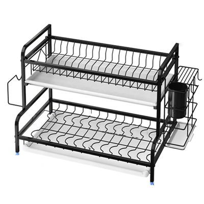 Dish Drying Rack 2-Tier Dish Rack 304 Stainless Steel Utensil Holder Collapsible Dish Drainer with Drainer Board (Color : Black, Size : 47 * 30 * 41.2cm)