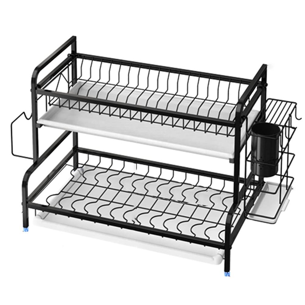 Dish Drying Rack 2-Tier Dish Rack 304 Stainless Steel Utensil Holder Collapsible Dish Drainer with Drainer Board (Color : Black, Size : 47 * 30 * 41.2cm)