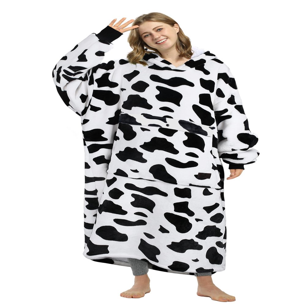 Catalonia Cow Print Full Body Blanket Hoodie Sweatshirt, Extra Long Oversized Comfortable Sherpa Lounging Pullover for Adults, Gift for Her