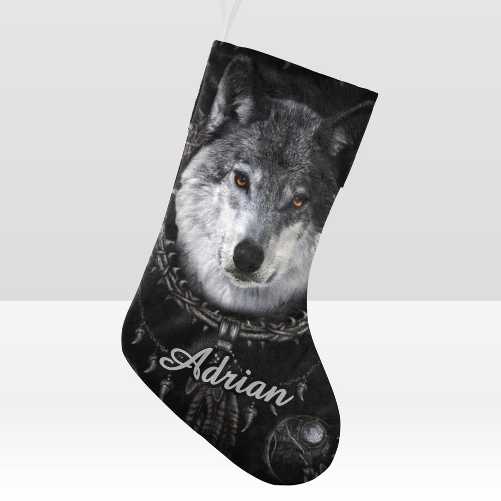 CUXWEOT Personalized Wolf Christmas Stocking Customize Name Xmas Socks for Family Holiday Decorations Gift 17.52 x 7.87 Inch