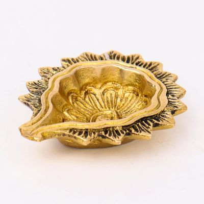 Indian Shelf 2 Piece Handmade Golden Brass Flower Bud Home Temple Mandir Decoration Oil Lamps Diya