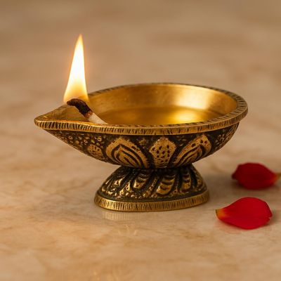Indian Shelf 2 Piece Handmade Golden Brass Single Wick Traditional Oil Lamps Diya