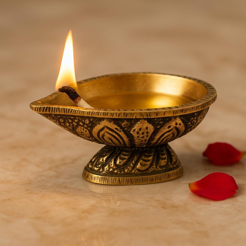 Indian Shelf 2 Piece Handmade Golden Brass Single Wick Traditional Oil Lamps Diya