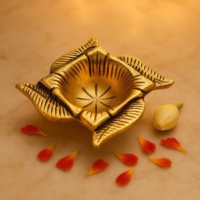 Indian Shelf 4 Piece Handmade Golden Brass Traditional Swastika Oil Diya Lamps