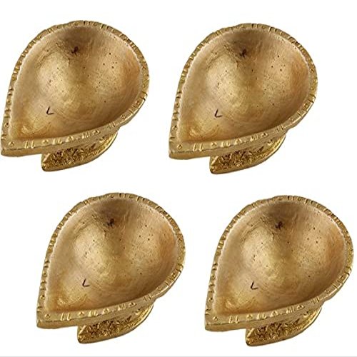 Indian Shelf 4 Piece Handmade Golden Brass Single Wick Traditional Oil Diya Lamps