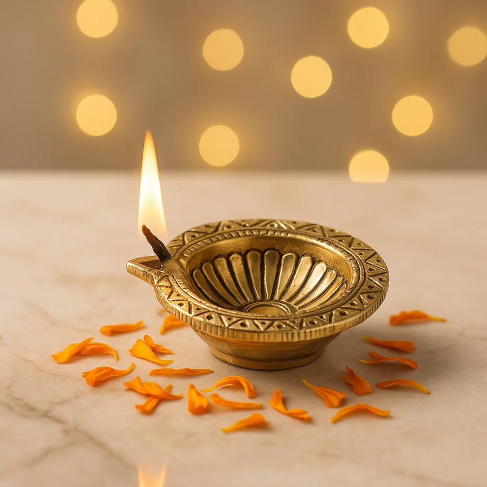 Indian Shelf 2 Piece Handmade Golden Brass Tribal Design Round Oil Lamps Diya