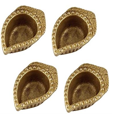 Indian Shelf 4 Piece Handmade Golden Brass Mango Shaped Gifting Oil Diya Lamps