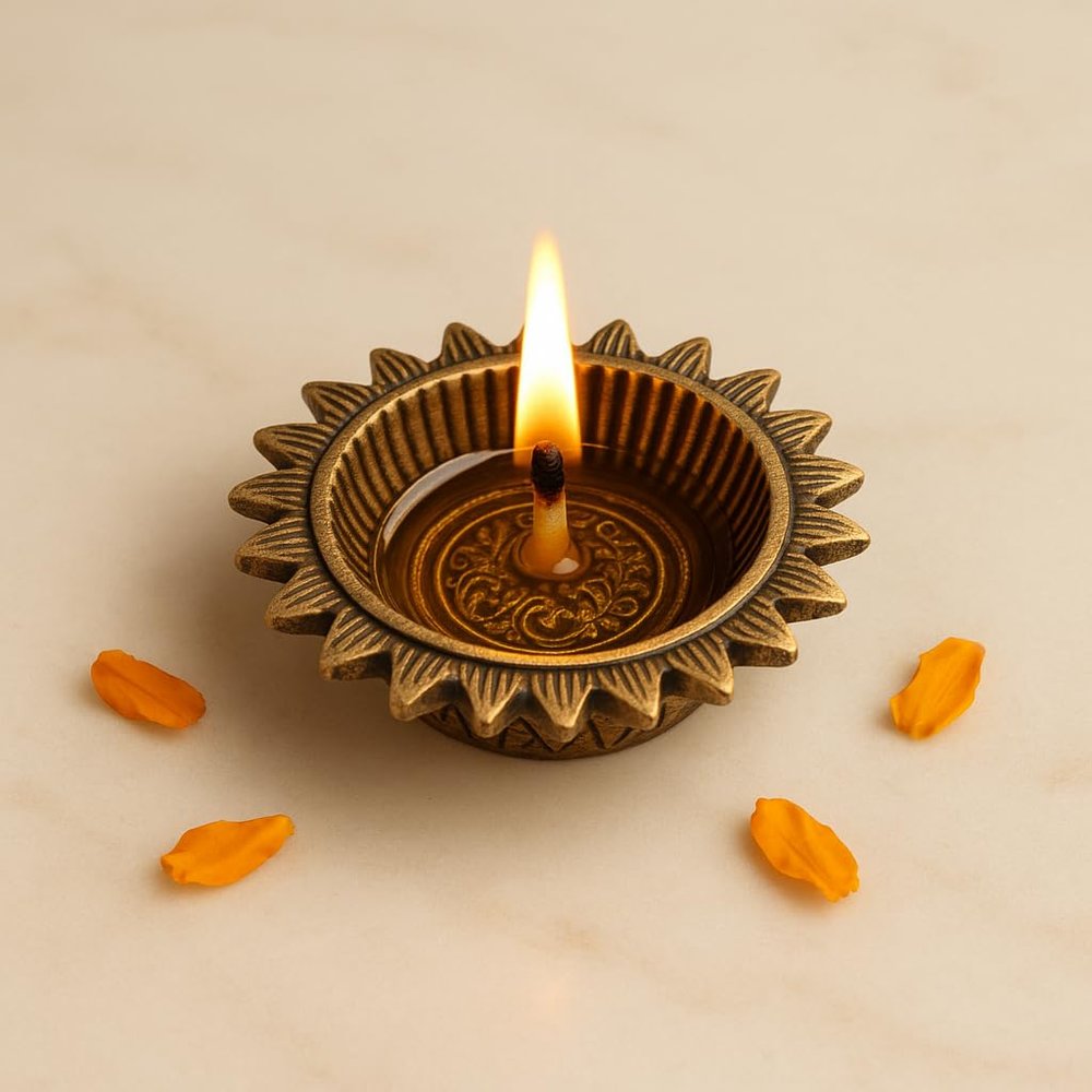 Indian Shelf 2 Piece Handmade Golden Brass Round Sun Flower Shaped Deepak Oil Lamps Diya