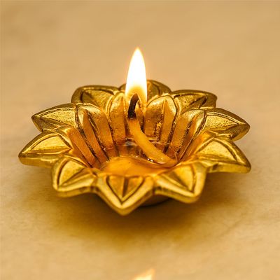Indian Shelf 4 Piece Handmade Golden Brass Hindu Religious Open Flower Oil Diya Lamps