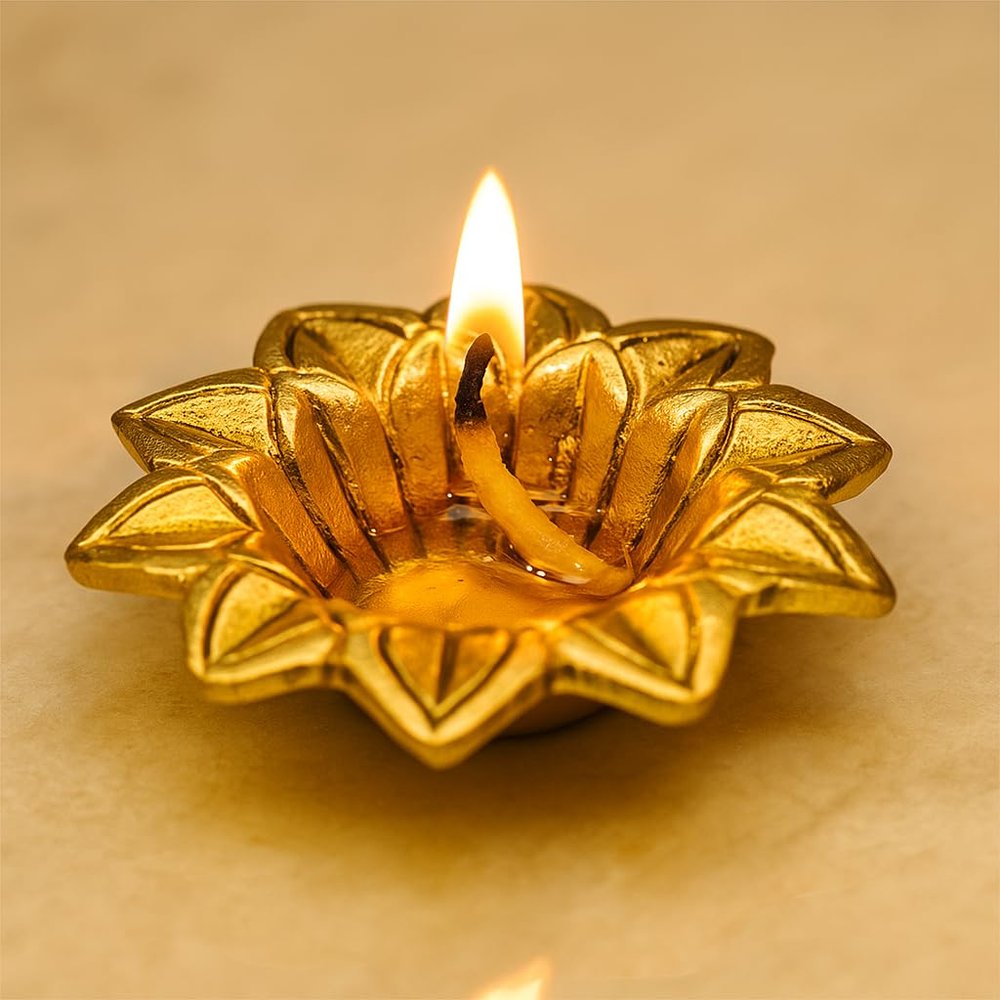 Indian Shelf 4 Piece Handmade Golden Brass Hindu Religious Open Flower Oil Diya Lamps