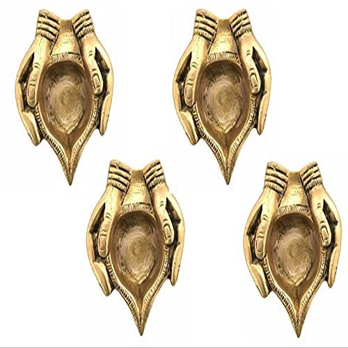 Indian Shelf 4 Piece Handmade Golden Brass Two Hands Holding Oil Diya Lamps