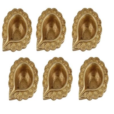 Indian Shelf 6 Piece Handmade Golden Brass Bud Shaped Decorative Border Oil Lamps Diya