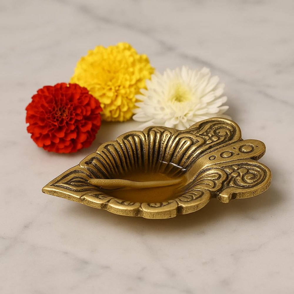 Indian Shelf 2 Piece Handmade Golden Brass Leaf Intricate Design Oil Lamps Diya