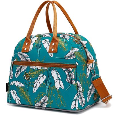 FlowFly Insulated Lunch Bag With Shoulder Strap for Women, Men, and Kids, Large and Reusable, Handle, Freezable Work and School Travel Tote and Meal Prep Organizer, leaves