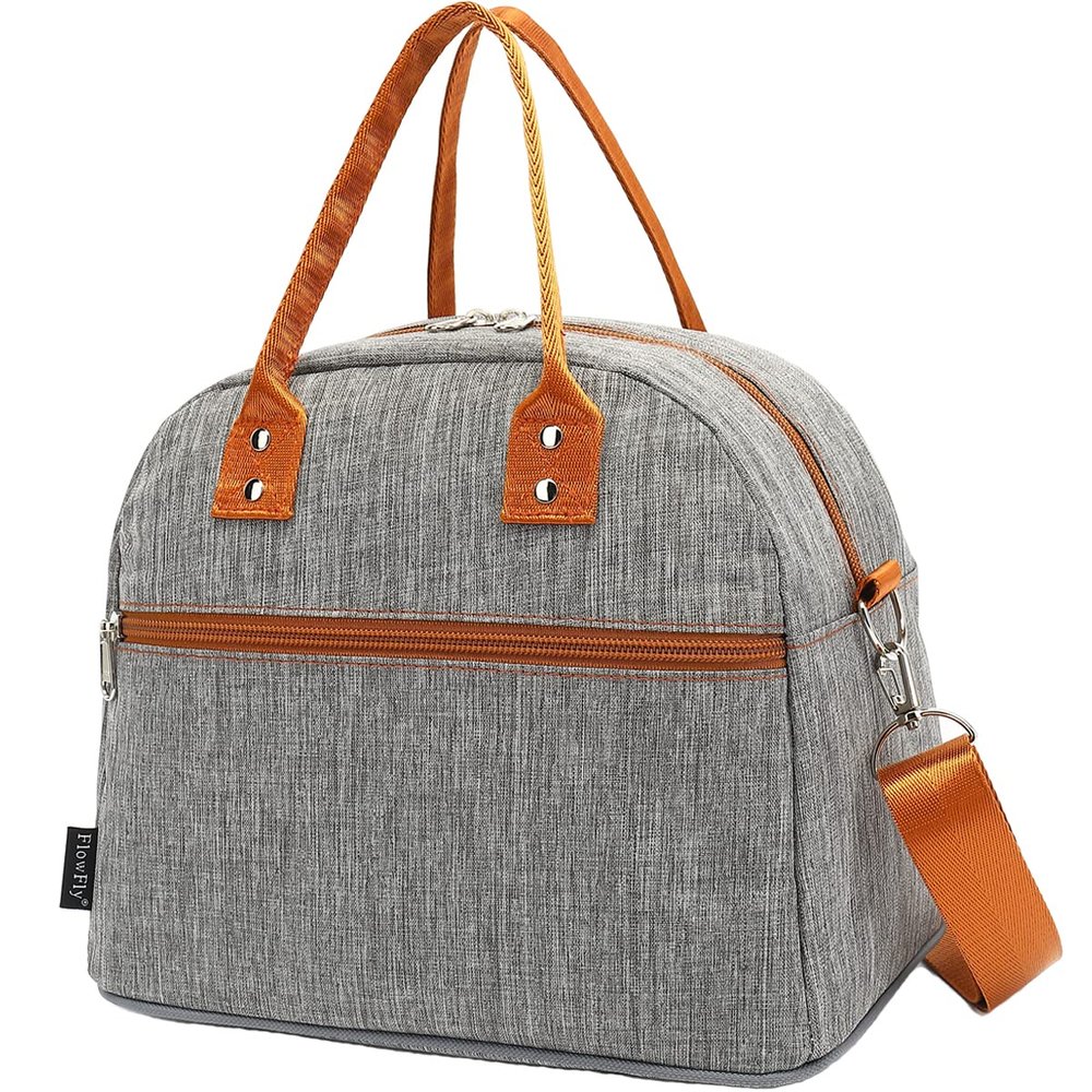 FlowFly Insulated Lunch Bag With Shoulder Strap for Women, Men, and Kids, Large and Reusable, Handle, Freezable Work and School Travel Tote and Meal Prep Organizer,Grey