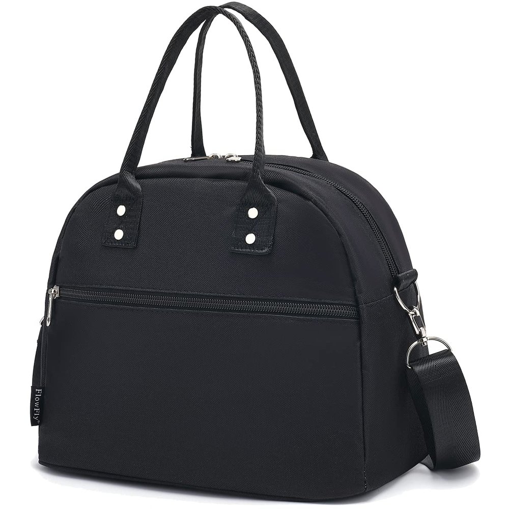 FlowFly Insulated Lunch Bag With Shoulder Strap for Women, Men, and Kids, Large and Reusable, Handle, Freezable Work and School Travel Tote and Meal Prep Organizer (Black)