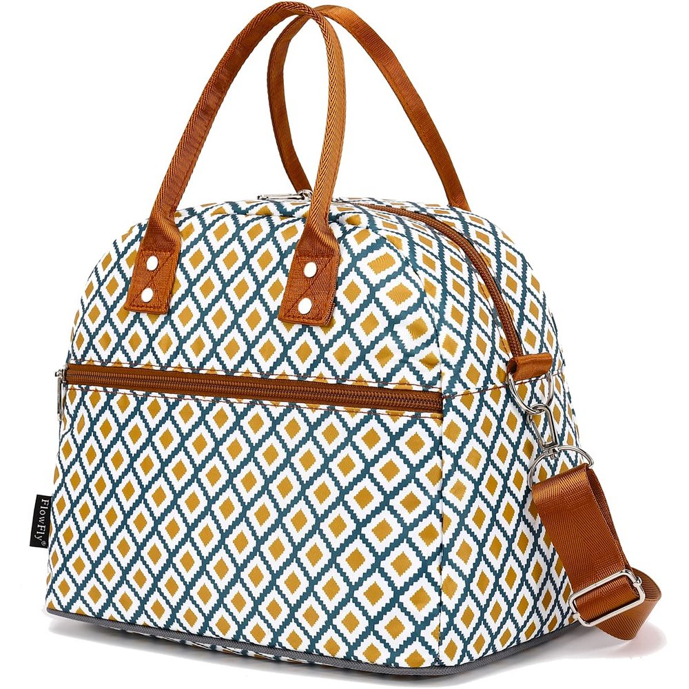 FlowFly Insulated Lunch Bag With Shoulder Strap for Women, Men, and Kids, Large and Reusable, Handle, Freezable Work and School Travel Tote and Meal Prep Organizer,Square