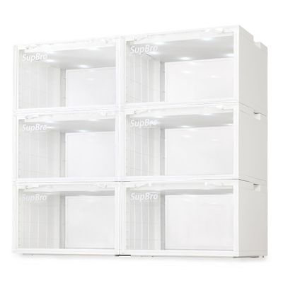 SupBro Led Collection Crate - Voice Control - Easy Access Storage Shoes box, Stackable Shoe Storage with clear plastic door for sneakers (11.2 x 14.9 x 8.8 inch (6pack), White)