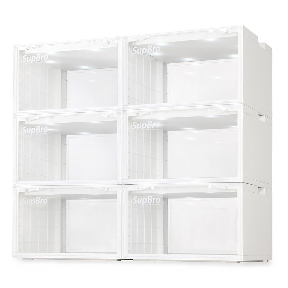 SupBro Led Collection Crate - Voice Control - Easy Access Storage Shoes box, Stackable Shoe Storage with clear plastic door for sneakers (11.2 x 14.9 x 8.8 inch (6pack), White)