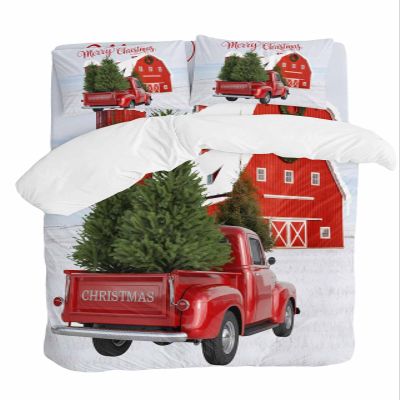 4 Pieces Bedding Sets Bedroom Decor Vintage Farm Truck and Red Barn Full Duvet Covers with Soft Flat Comforter Cover Sheet Bedspread Pillowcases for Kids Teens Green Christmas Trees in Snowy Winter