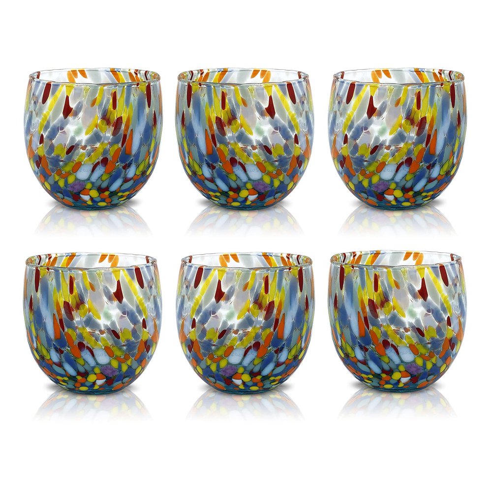 MAZZEGA ART & DESIGN - Set of 6 Handcrafted Blown Glass Water Glasses with Refined and Original Murano Murrine - The Colors of Murano - 'Classic 9,8 oz' Model. Made in Italy (6, Light Blue)