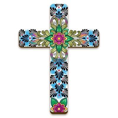 Maitys Floral Cross Wall Decor Hand Painted Decorative Inspirational Wooden Cross Mexican Art Wall Decor Mexican Crucifix for Home Room Church Decoration (Cute Style)