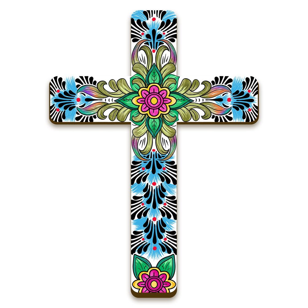 Maitys Floral Cross Wall Decor Hand Painted Decorative Inspirational Wooden Cross Mexican Art Wall Decor Mexican Crucifix for Home Room Church Decoration (Cute Style)