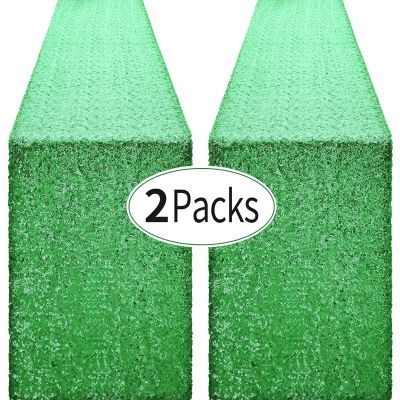 2 Packs 12 x 72 inches Grass Green Sequin Table Runner, Glitter Runner for Birthday Party Supplies Decorations Wedding Bachelorette Holiday Celebration Bridal Shower Baby Shower