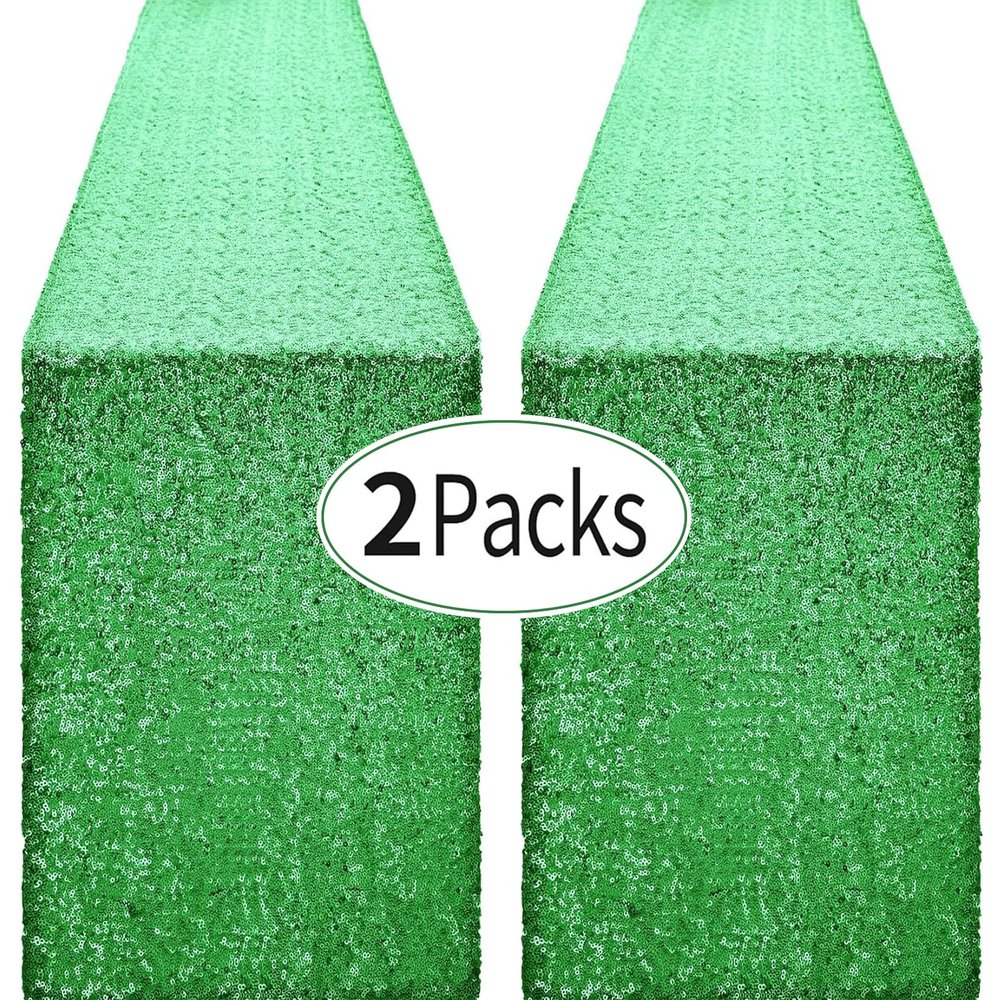 2 Packs 12 x 72 inches Grass Green Sequin Table Runner, Glitter Runner for Birthday Party Supplies Decorations Wedding Bachelorette Holiday Celebration Bridal Shower Baby Shower