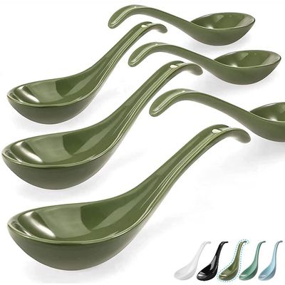 Artena 6.75 inch Solid Asian Soup Spoon Set of 6,Ultra-fine Porcelain Japanese Soup Spoon,Ramen Spoons for Pho Noodles Miso, Chinese Soup Spoons for Dumpling Wonton Cereal, Deep Oval Hook Design-Green