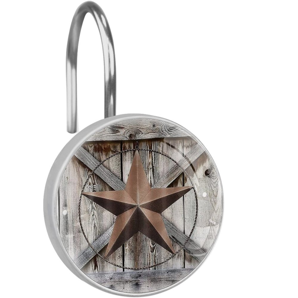 Pulongpoq Western Texas Star Shower Curtain Hooks - Stainless Steel, Glass, Resin, Set of 12 Shower Curtain Rings 3.7x3.7cm