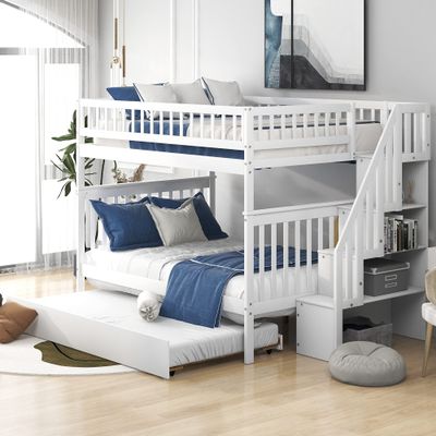 AOCHUANG Full Over Full Bunk Bed with Trundle and Staircase, Solid Wood Bunk Bed Frame with Storage Space, Can be Split Into 3 Separate Beds, No Box Spring Needed (White-2)