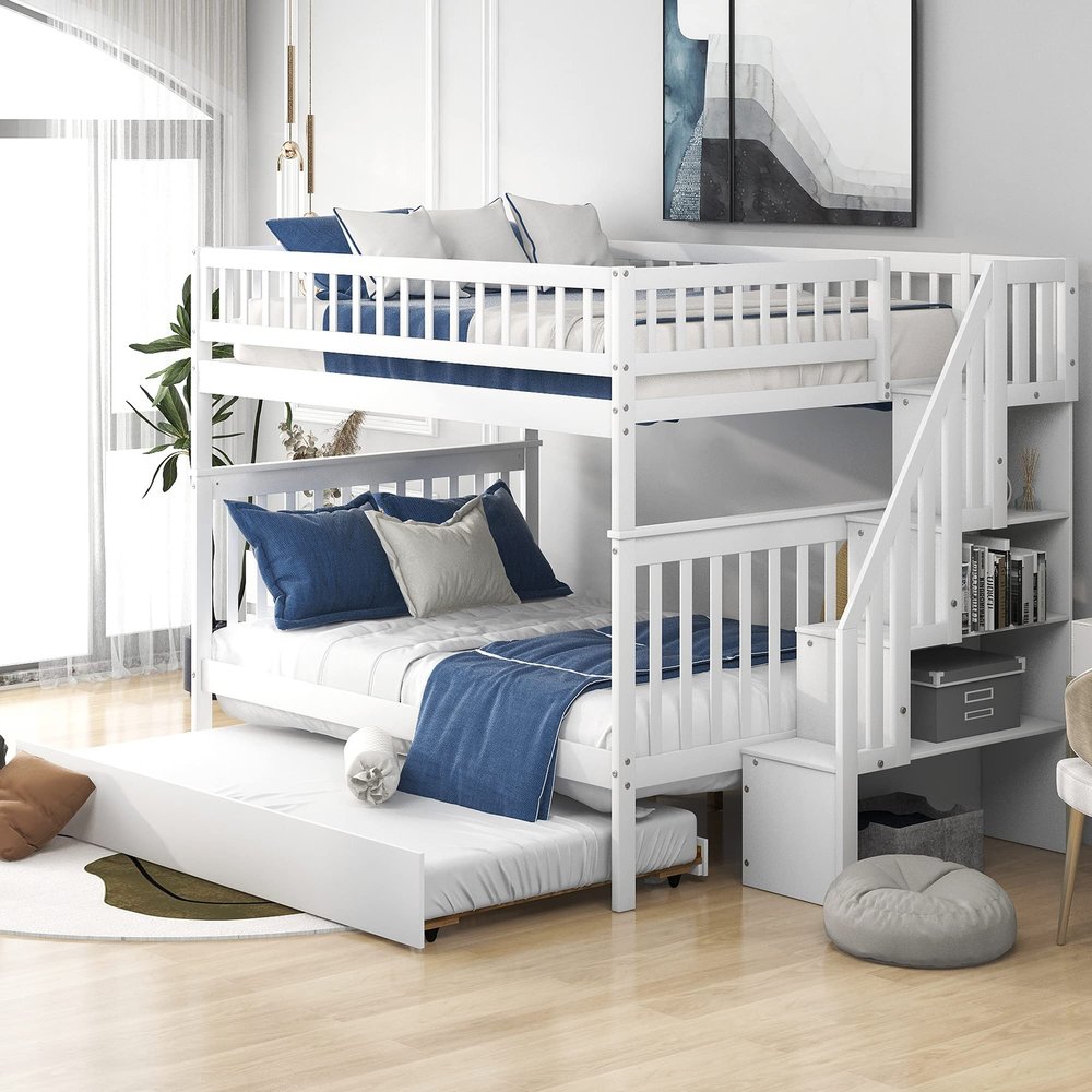 AOCHUANG Full Over Full Bunk Bed with Trundle and Staircase, Solid Wood Bunk Bed Frame with Storage Space, Can be Split Into 3 Separate Beds, No Box Spring Needed (White-2)