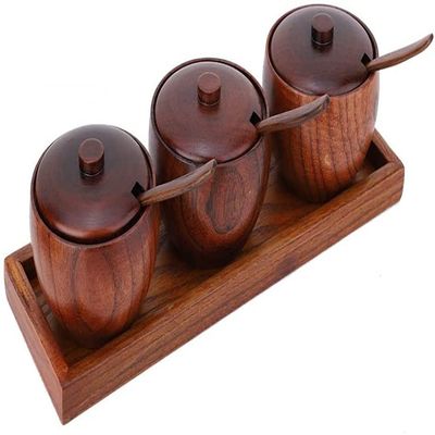 YRHH 3 Pieces Wooden Spice Bottle, Retro Spice Jar Sugar Bowl Seasoning Jar with Lid, Spoon and Base for Kitchen Organizer