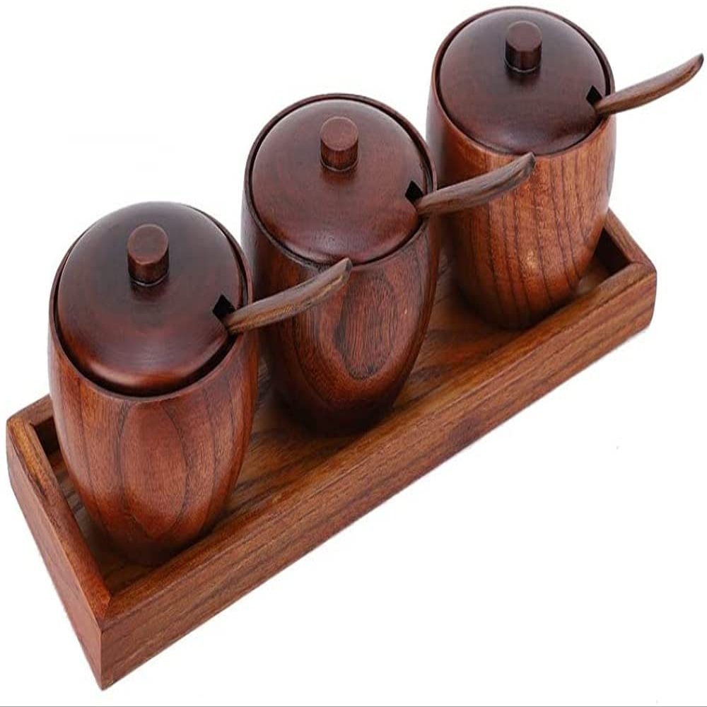 YRHH 3 Pieces Wooden Spice Bottle, Retro Spice Jar Sugar Bowl Seasoning Jar with Lid, Spoon and Base for Kitchen Organizer
