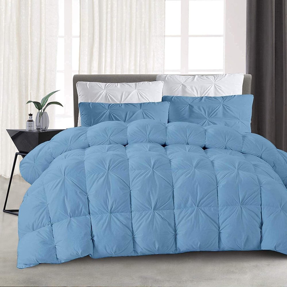 100% Organic Cotton 500 GSM 5 PCS Premium Quality Pinch Pleated Comforter Set All Season Down Quilted Soft Fluffy Baffle Box Pintuck - Comforter with 4 Pillow Shams (Queen/Full -Light Blue)