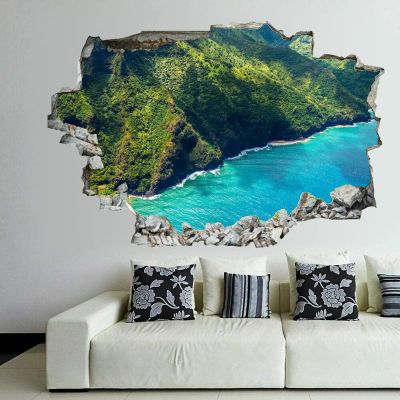 godblessign USA Coast Mountains Hawaii from Above Wall Decal Landscape 3D Break Through Wall Sticker Removable PVC Funny Wall Art Decal Home Decor Vinyl Mural for Boy Kids Room , 1, 36inx24in