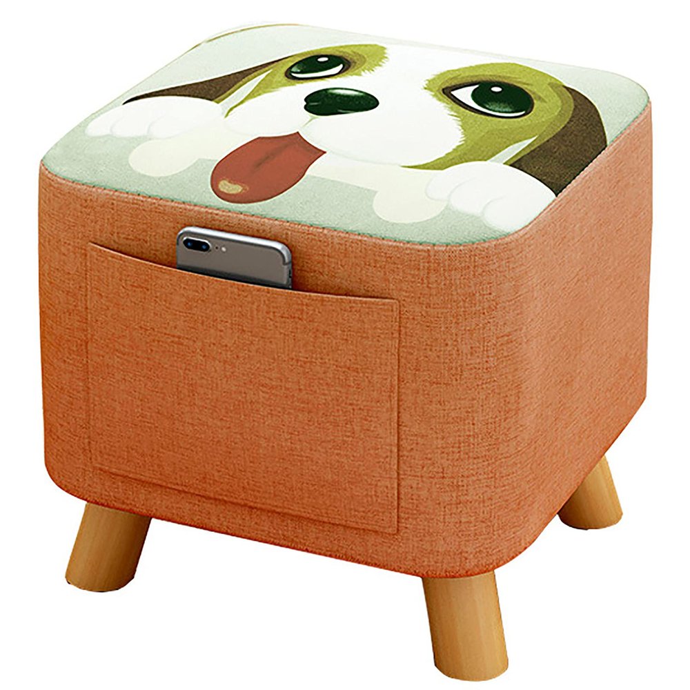 Animal Footstool,Square Linen Storage Stool Cute Decoration Footrest Wood Frame Legs,Shoe Changing Stool for Children Bedroom Living Room,Removable and Washable Stool Cover,Dog-Pine