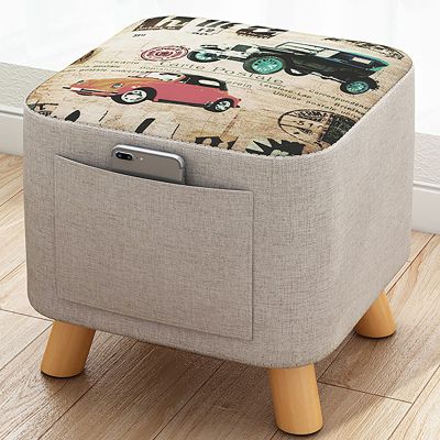 Animal Footstool,Square Linen Storage Stool Cute Decoration Footrest Wood Frame Legs,Shoe Changing Stool for Children Bedroom Living Room,Removable and Washable Stool Cover,Car-Pine