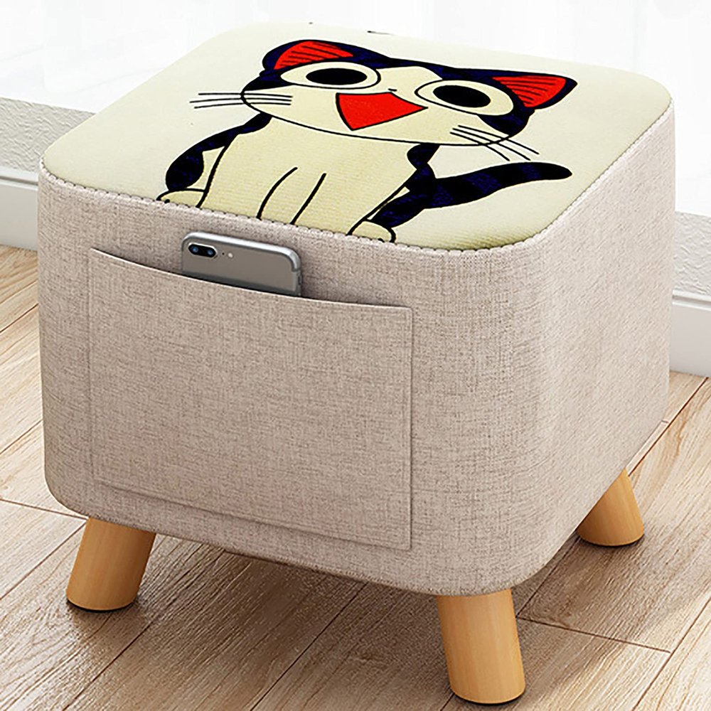 Animal Footstool,Square Linen Storage Stool Cute Decoration Footrest Wood Frame Legs,Shoe Changing Stool for Children Bedroom Living Room,Removable and Washable Stool Cover,Cat-Pine