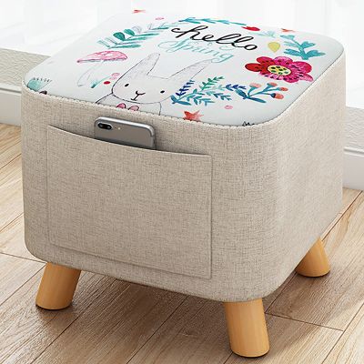 Animal Footstool,Square Linen Storage Stool Cute Decoration Footrest Wood Frame Legs,Shoe Changing Stool for Children Bedroom Living Room,Removable and Washable Stool Cover,Bunny-Pine