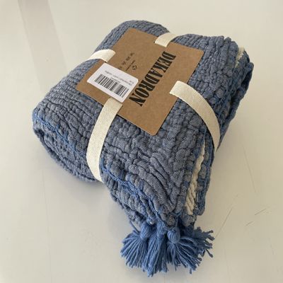 100% Cotton Muslin Throw Blanket, 4 Layers Bedspread, Soft Turkish Cotton Muslin Bed Cover, Reversible Coverlet, Indigo Blue (Throw 47x71-120x180cm)