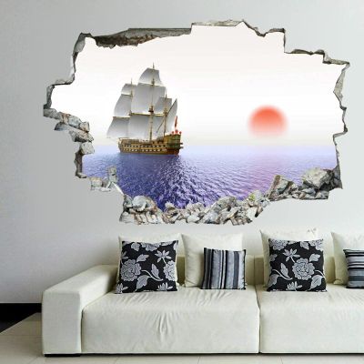 godblessign Sea Ships Sailing Sunrises and Sunsets Sun Wall Decal Landscape 3D Break Through Sticker Removable PVC Funny Art Christmas Home Decor Vinyl Mural for Boy Kids Room Living 36inx24in