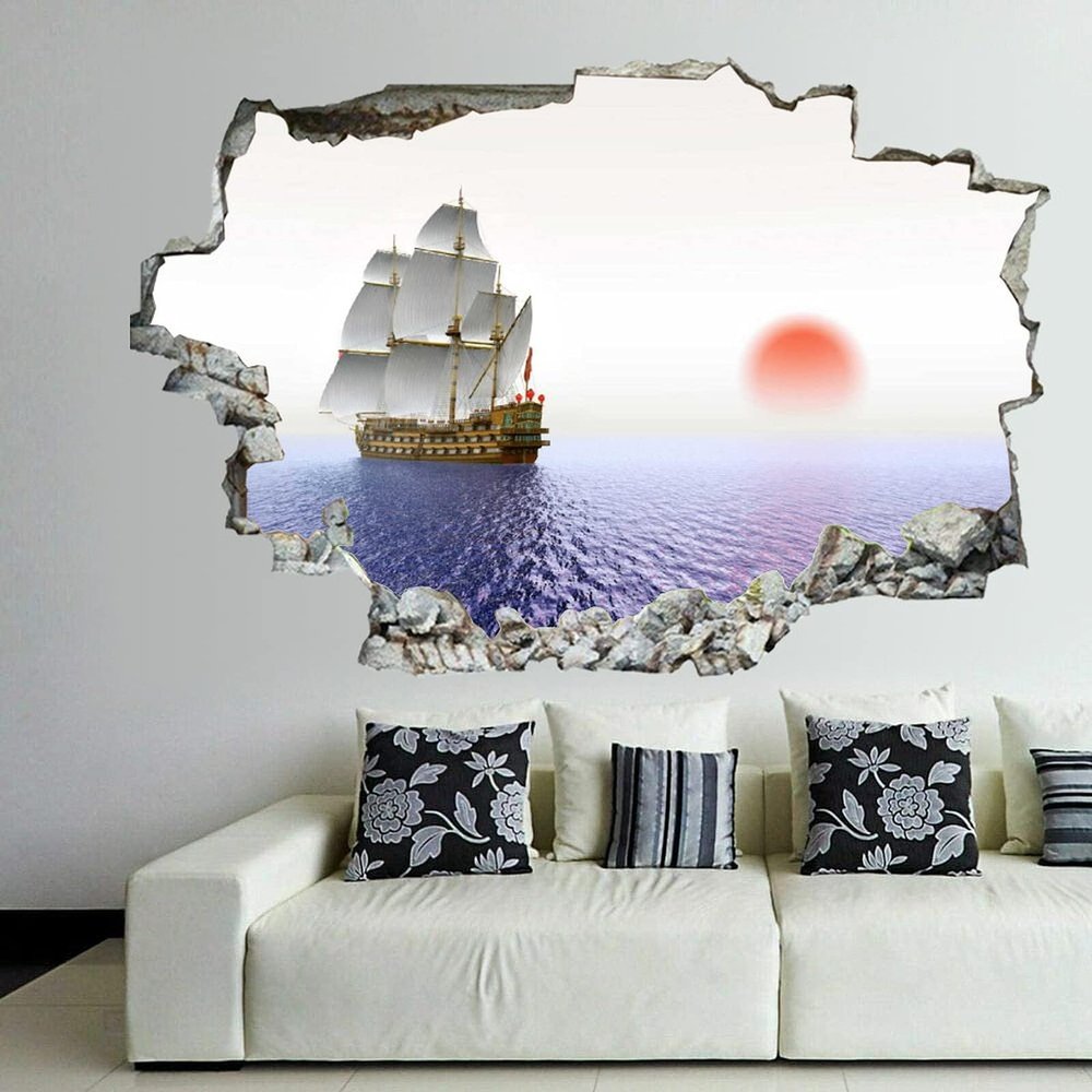 godblessign Sea Ships Sailing Sunrises and Sunsets Sun Wall Decal Landscape 3D Break Through Sticker Removable PVC Funny Art Christmas Home Decor Vinyl Mural for Boy Kids Room Living 36inx24in
