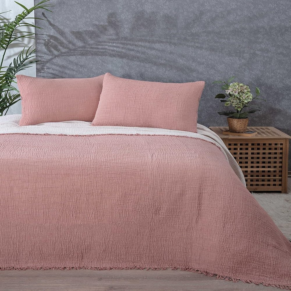 100% Cotton Muslin Throw Blanket, 4 Layers Bedspread, Soft Turkish Cotton Muslin Bed Cover, Reversible Coverlet, Pale Red (Twin Size 63x90-160x230cm)