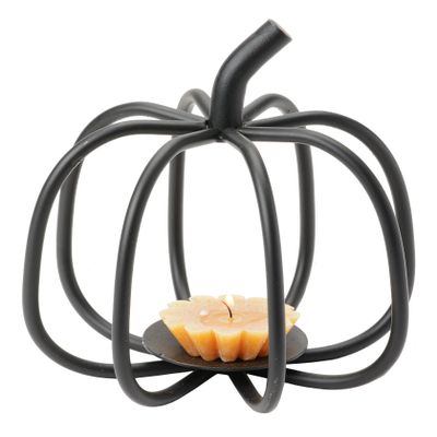 Amish Handmade Pumpkin Candle Holder - Solid Wrought Iron Halloween Tea Light Decoration in Satin Black - 6" Diameter x 6" High - Made in Lancaster Pennsylvania USA