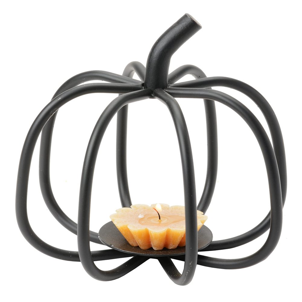 Amish Handmade Pumpkin Candle Holder - Solid Wrought Iron Halloween Tea Light Decoration in Satin Black - 6" Diameter x 6" High - Made in Lancaster Pennsylvania USA