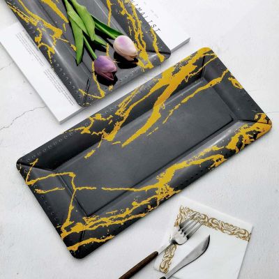 Efavormart 10-Pack 16"x8" Black and Gold Foil Rectangle Serving Trays - 1100 GSM Ultra-Rigid Cardboard Platters for Large Charcuterie and Catering